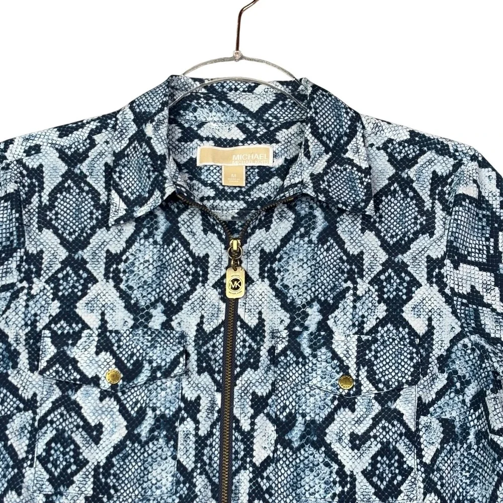 Michael Kors Womens Blue Snakeskin Print Zip‎ Front Utility Shirt Blouse Medium